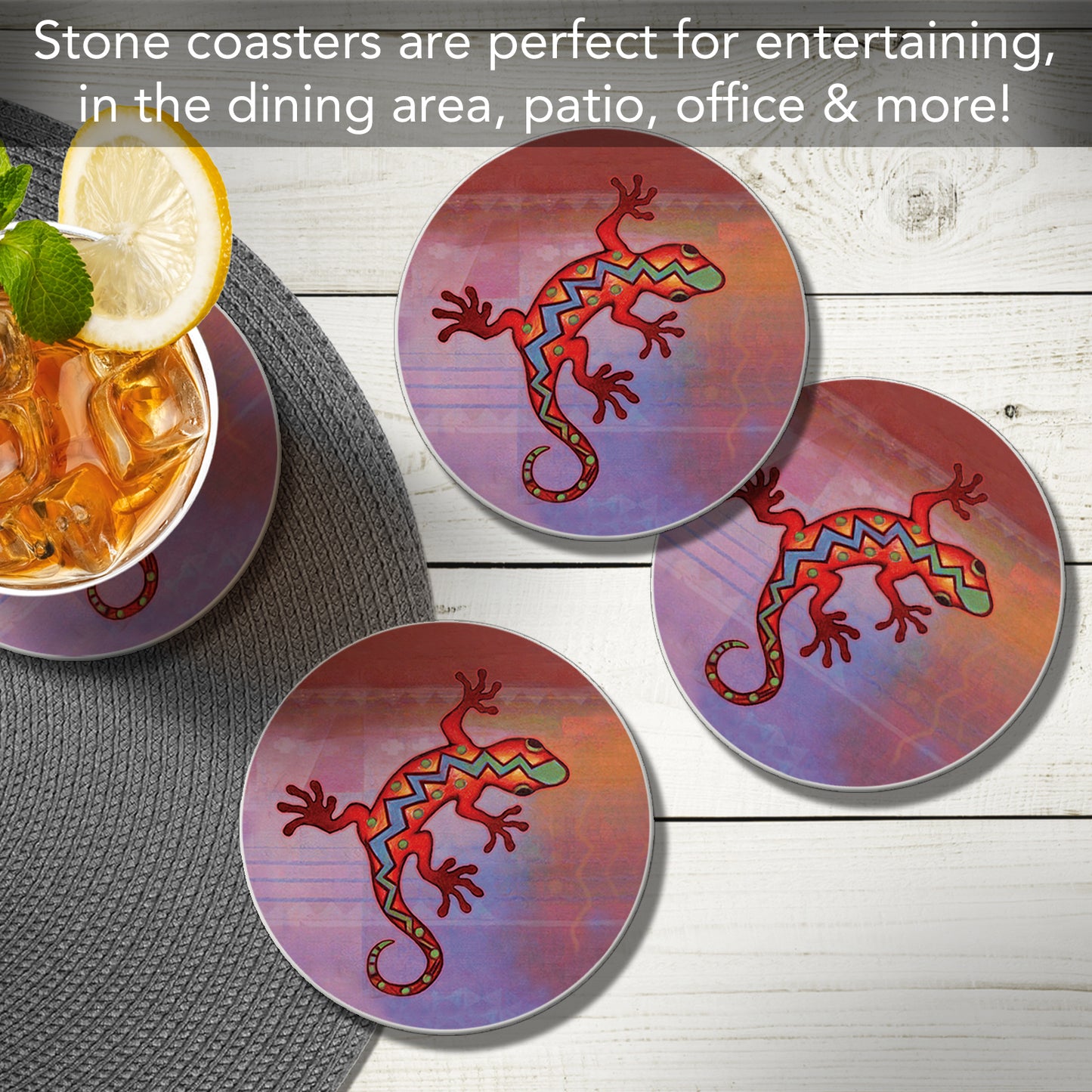 Thirstystone Gecko 4 Pack Round Absorbent Stone Coasters 4" Diameter Manufactured in the USA