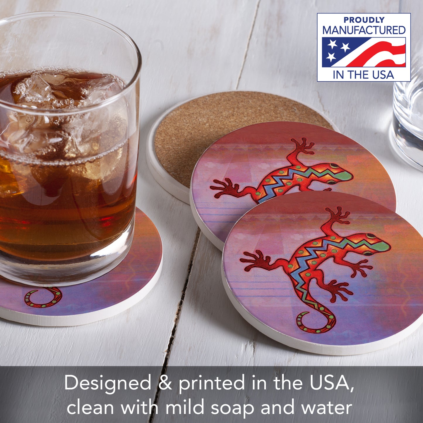 Thirstystone Gecko 4 Pack Round Absorbent Stone Coasters 4" Diameter Manufactured in the USA