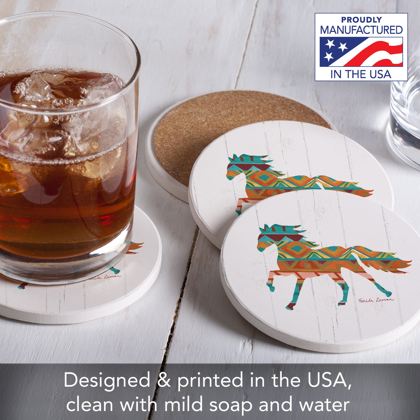 Thirstystone Southwest Vibe Horse 4 Pack Round Absorbent Stone Coasters 4" Diameter Manufactured in the USA