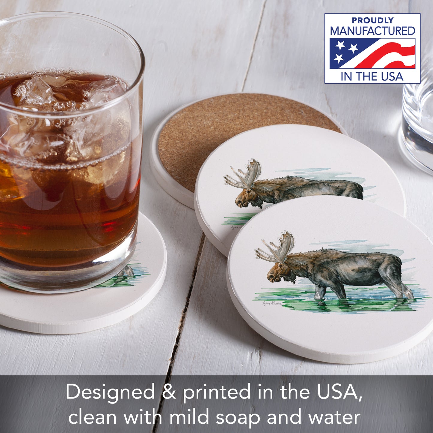 Thirstystone Moose in Lake 4 Pack Round Absorbent Stone Coasters 4" Diameter Manufactured in the USA