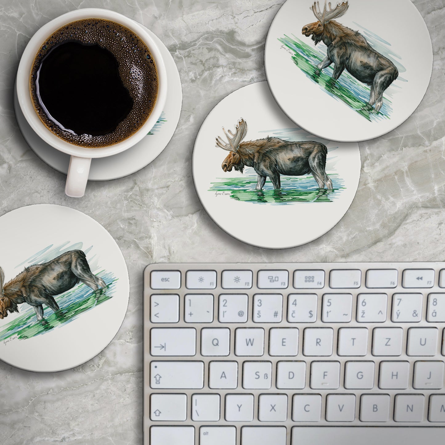 Thirstystone Moose in Lake 4 Pack Round Absorbent Stone Coasters 4" Diameter Manufactured in the USA
