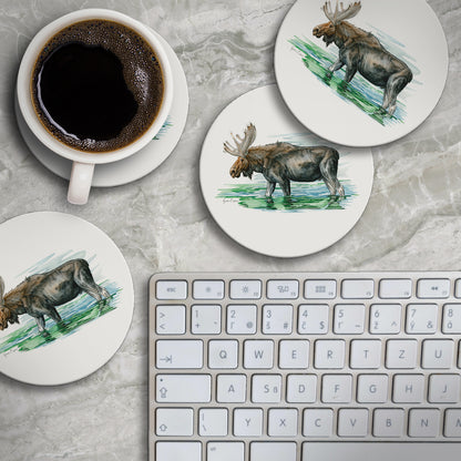 Thirstystone Moose in Lake 4 Pack Round Absorbent Stone Coasters 4" Diameter Manufactured in the USA