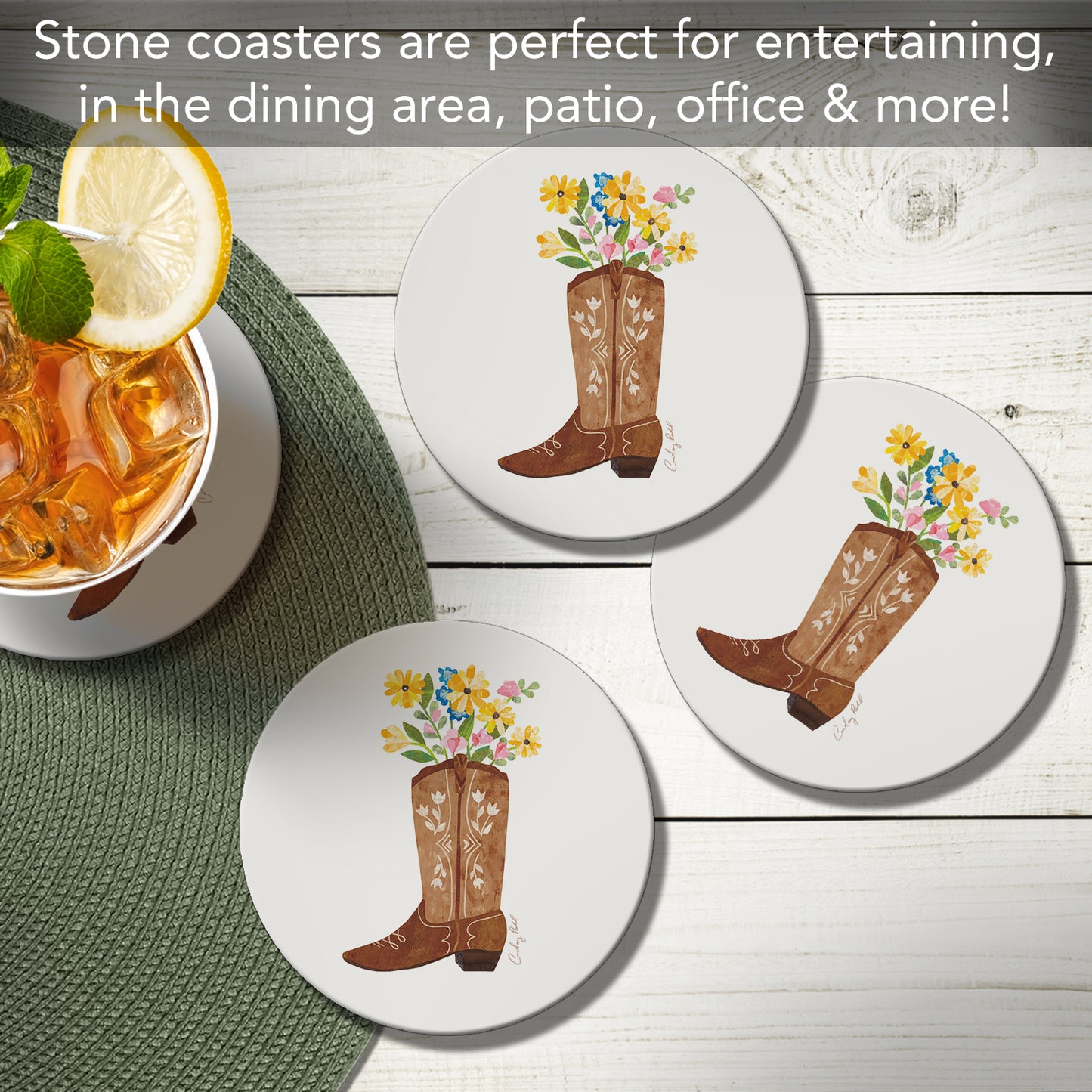 Thirstystone Cowgirl Boot 4 Pack Round Absorbent Stone Coasters 4" Diameter Manufactured in the USA