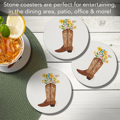 Thirstystone Cowgirl Boot 4 Pack Round Absorbent Stone Coasters 4" Diameter Manufactured in the USA