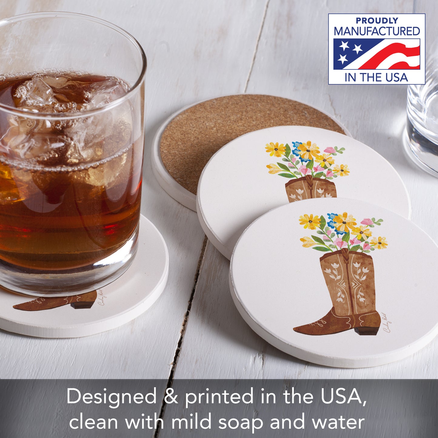 Thirstystone Cowgirl Boot 4 Pack Round Absorbent Stone Coasters 4" Diameter Manufactured in the USA