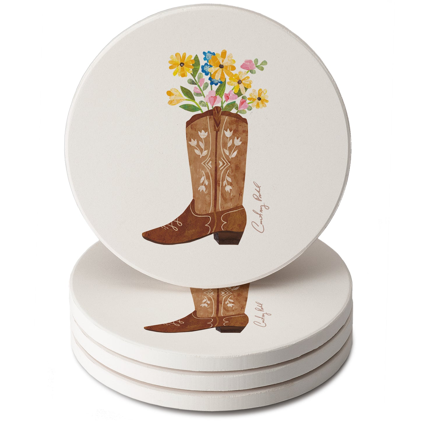 Thirstystone Cowgirl Boot 4 Pack Round Absorbent Stone Coasters 4" Diameter Manufactured in the USA
