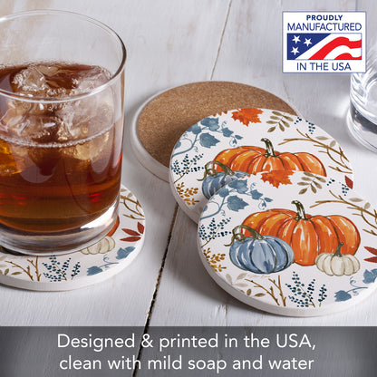 Thirstystone Autumn Pumpkins 4 Pack Round Absorbent Stone Coasters 4" Diameter
