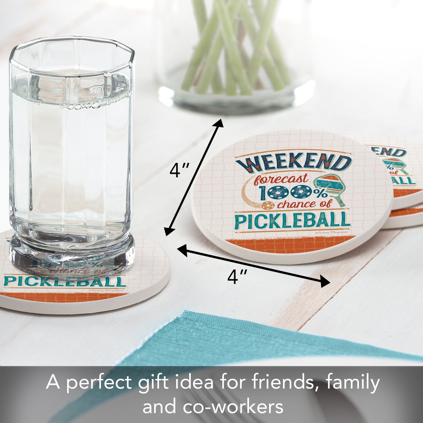 Thirstystone Pickleball Forecast 4 Pack Round Absorbent Stone Coasters 4" Diameter Manufactured in the USA