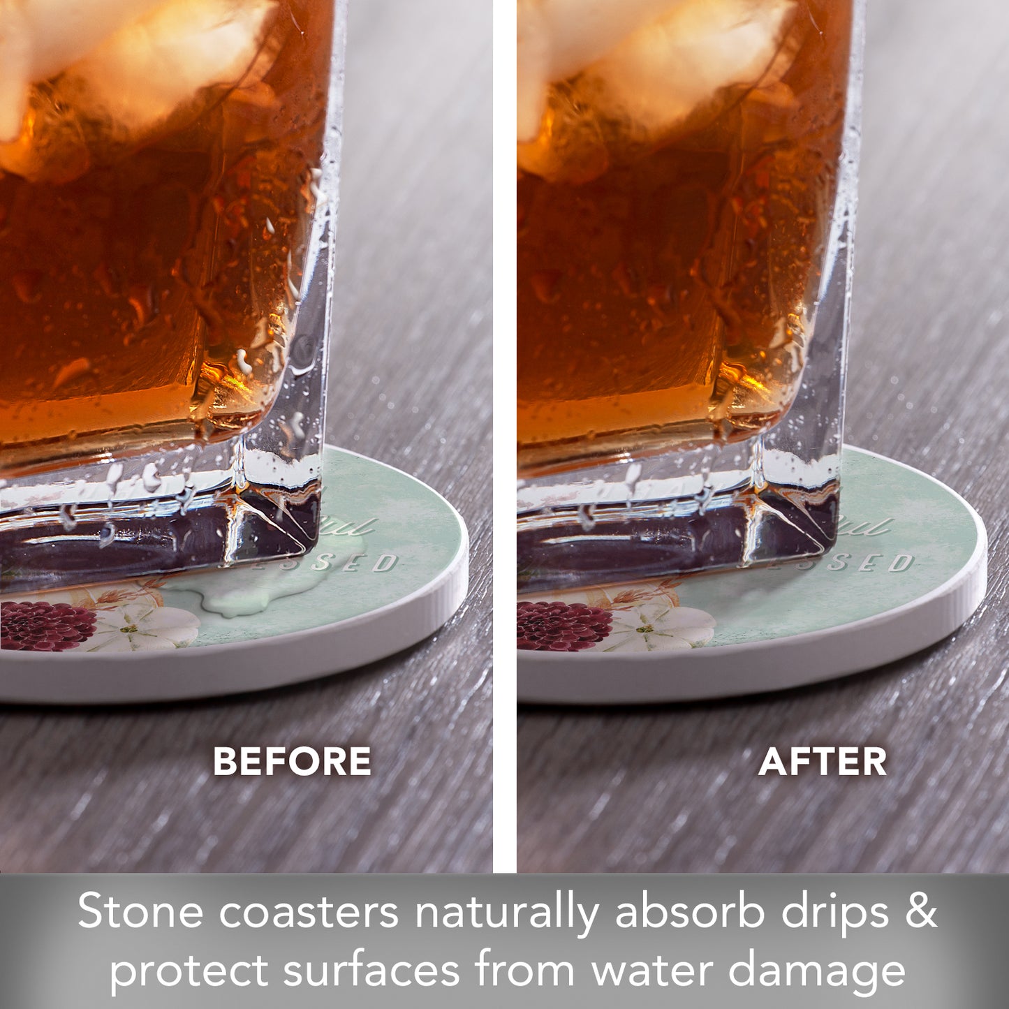 Thirstystone Grateful Thankful 4 Pack Round Absorbent Stone Coasters 4" Diameter