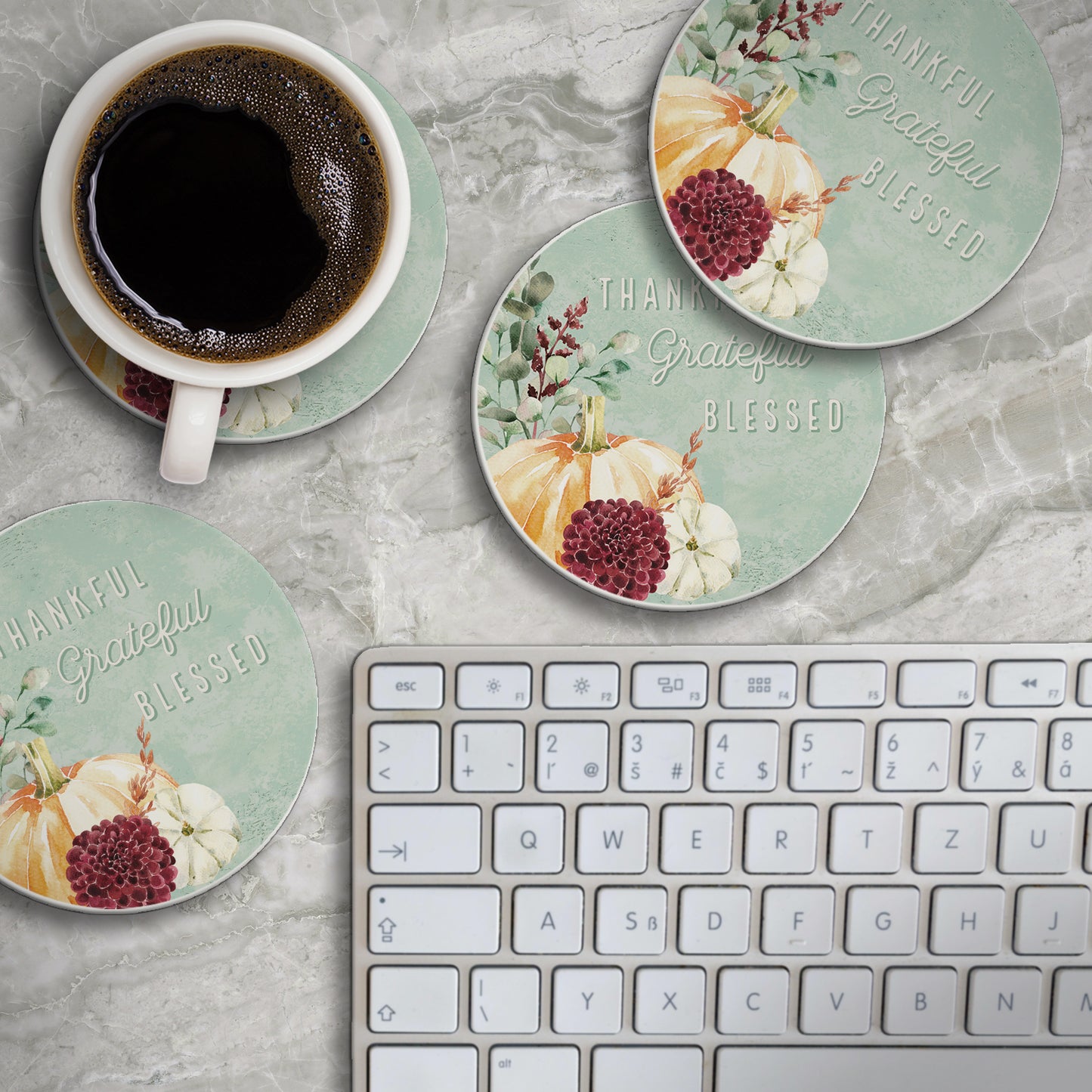 Thirstystone Grateful Thankful 4 Pack Round Absorbent Stone Coasters 4" Diameter