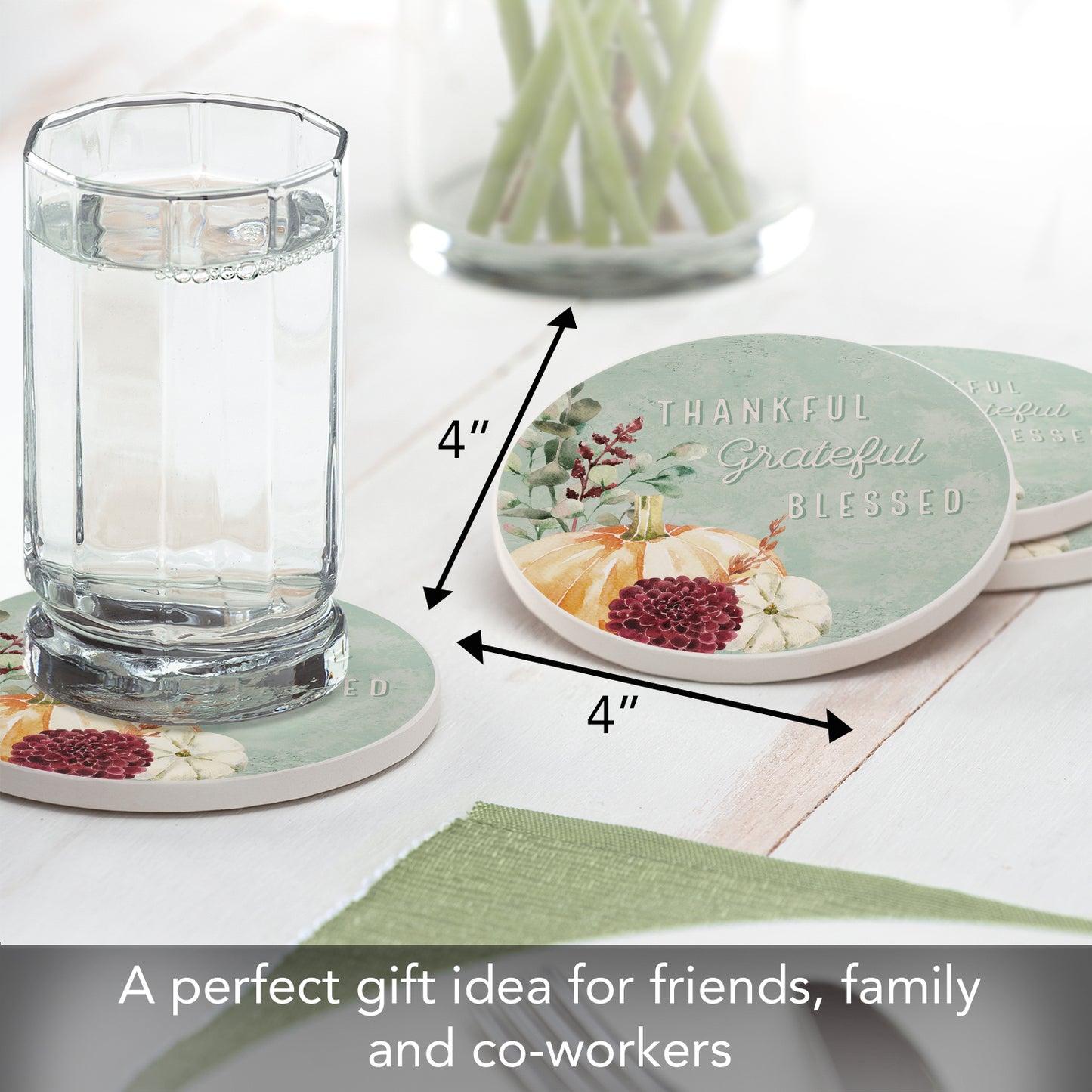 Thirstystone Grateful Thankful 4 Pack Round Absorbent Stone Coasters 4" Diameter