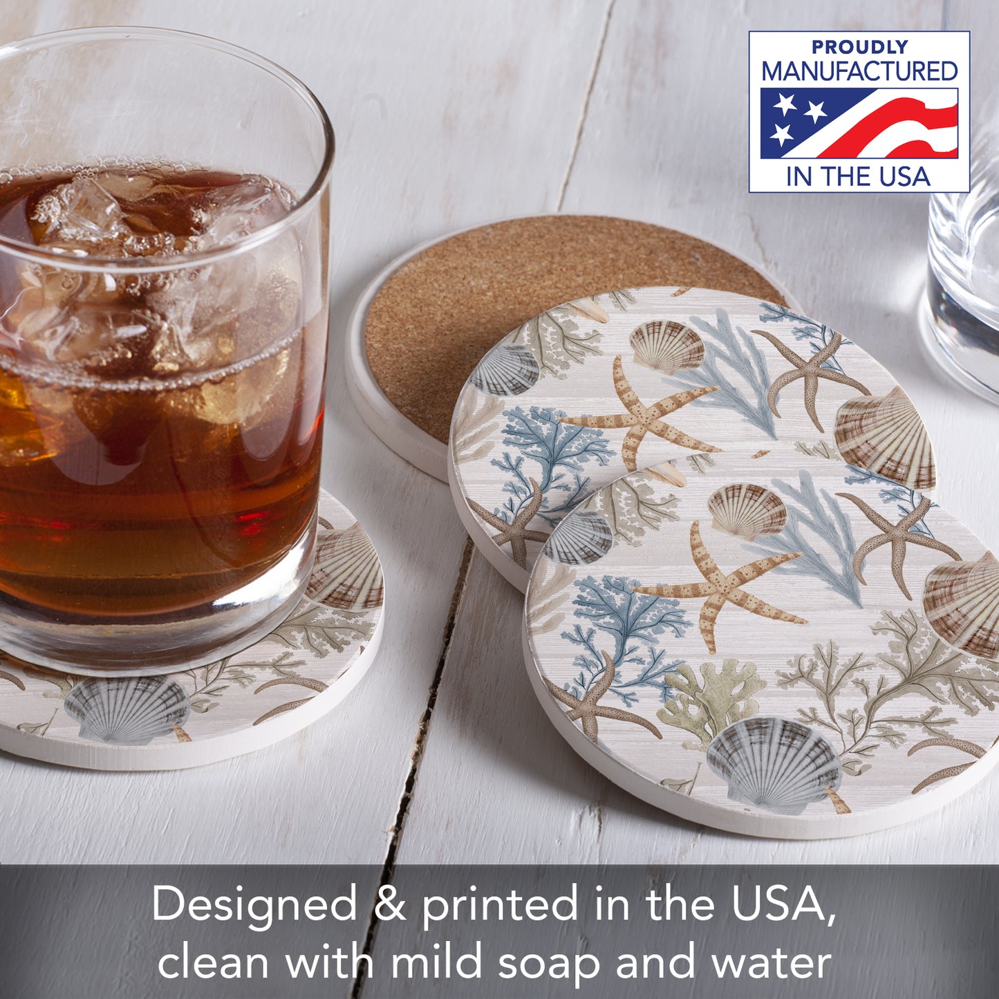 Thirstystone Starfish & Shells 4 Pack Round Absorbent Stone Coasters 4" Diameter Manufactured in the USA