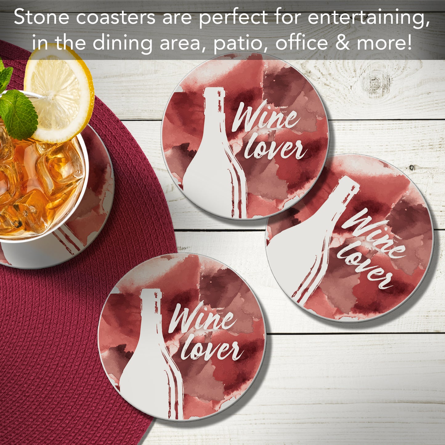 Thirstystone Wine Lover 4 Pack Round Absorbent Stone Coasters 4" Diameter Manufactured in the USA