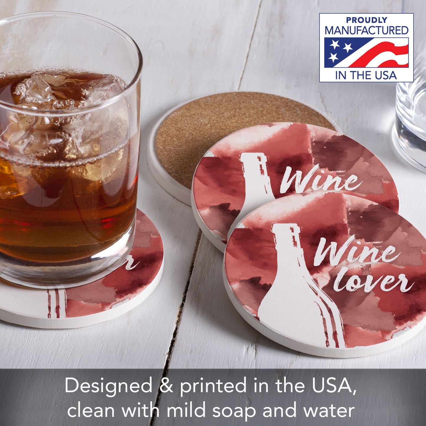 Thirstystone Wine Lover 4 Pack Round Absorbent Stone Coasters 4" Diameter Manufactured in the USA