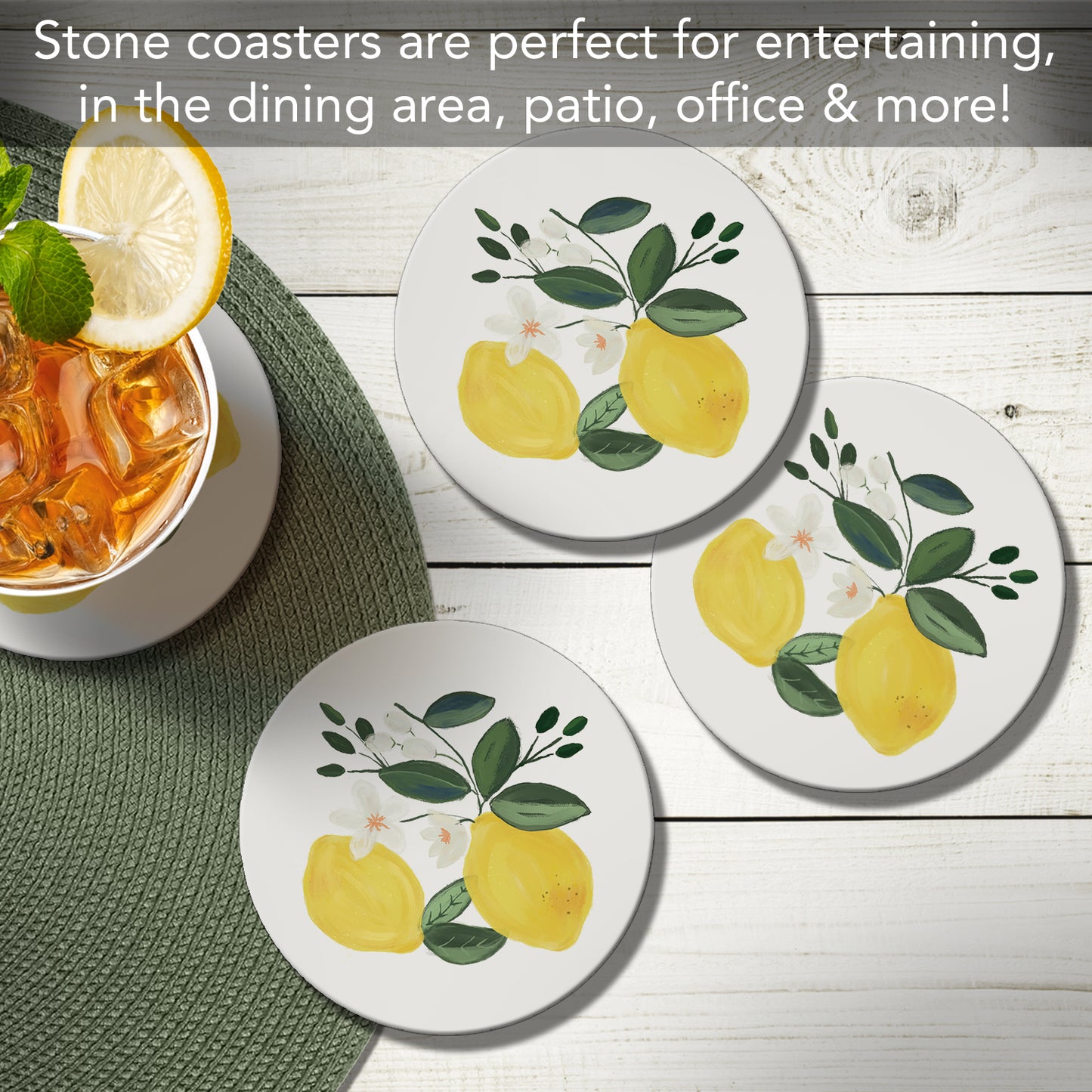 Thirstystone Lemon Blossom 4 Pack Round Absorbent Stone Coasters 4" Diameter Manufactured in the USA