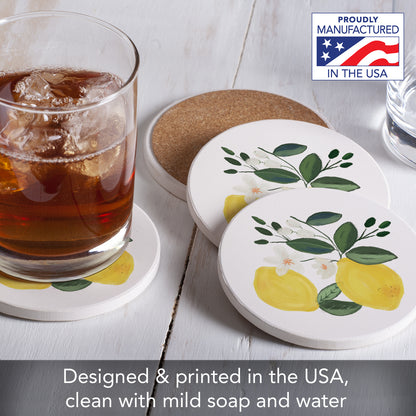 Thirstystone Lemon Blossom 4 Pack Round Absorbent Stone Coasters 4" Diameter Manufactured in the USA