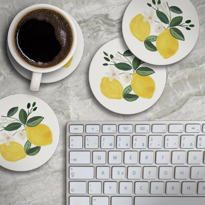 Thirstystone Lemon Blossom 4 Pack Round Absorbent Stone Coasters 4" Diameter Manufactured in the USA