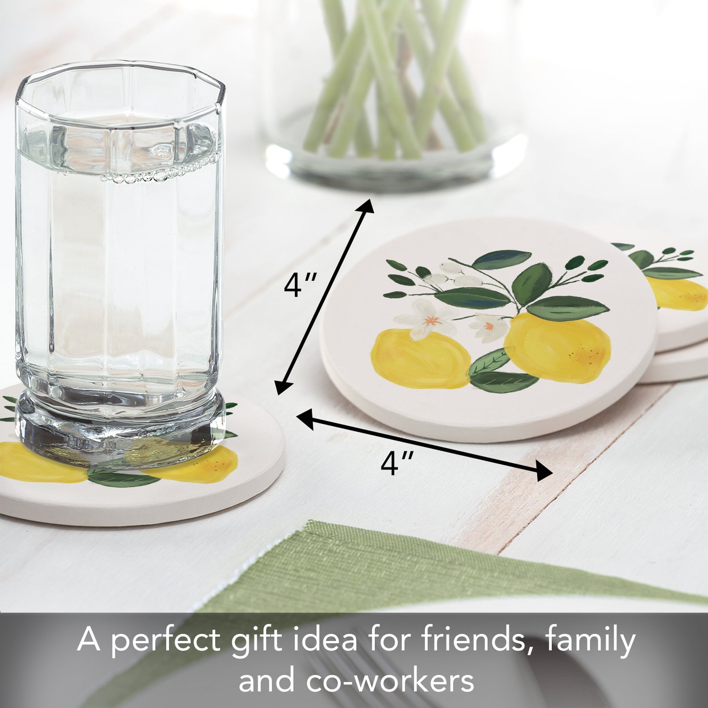Thirstystone Lemon Blossom 4 Pack Round Absorbent Stone Coasters 4" Diameter Manufactured in the USA