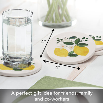 Thirstystone Lemon Blossom 4 Pack Round Absorbent Stone Coasters 4" Diameter Manufactured in the USA