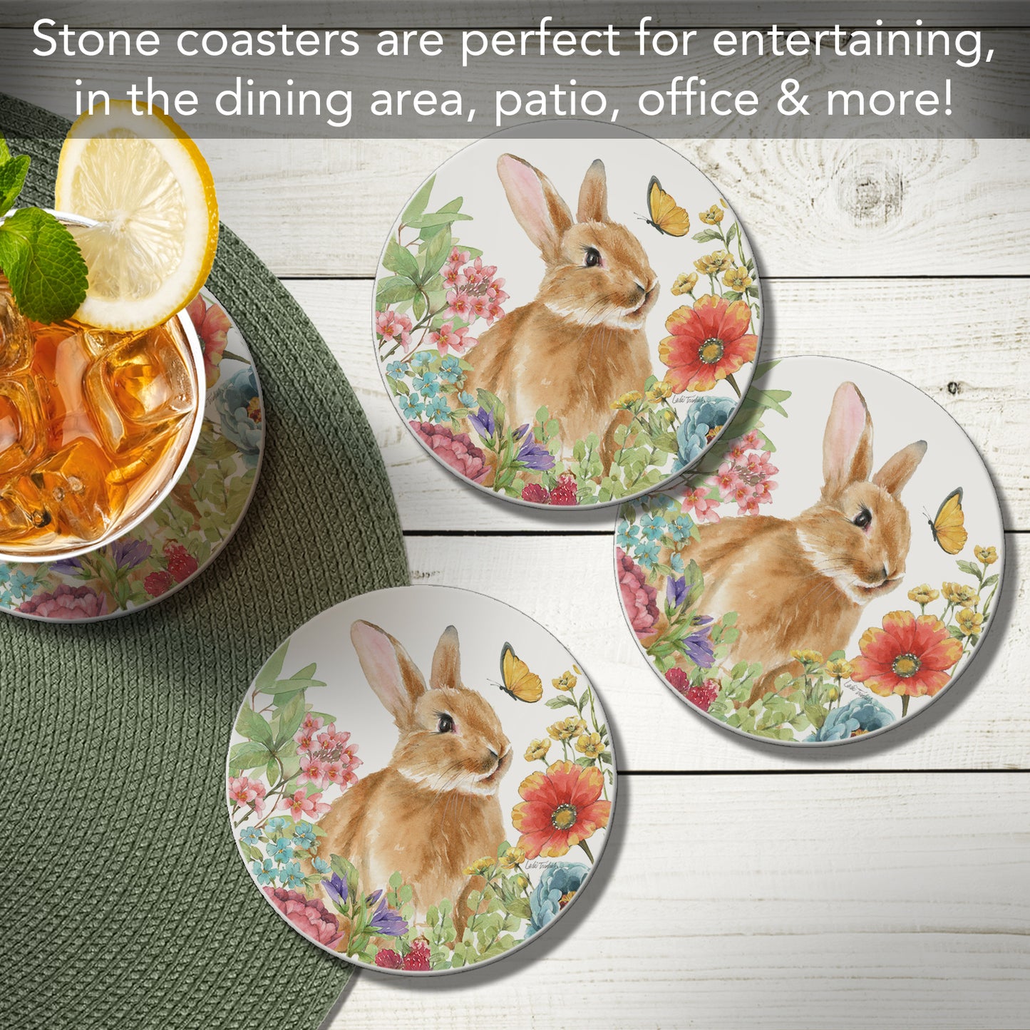 Thirstystone Bunny Garden 4 Pack Round Absorbent Stone Coasters 4" Diameter Manufactured in the USA