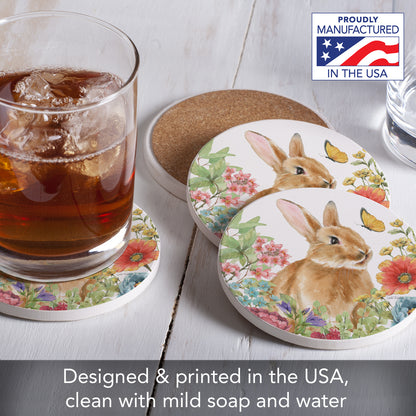 Thirstystone Bunny Garden 4 Pack Round Absorbent Stone Coasters 4" Diameter Manufactured in the USA