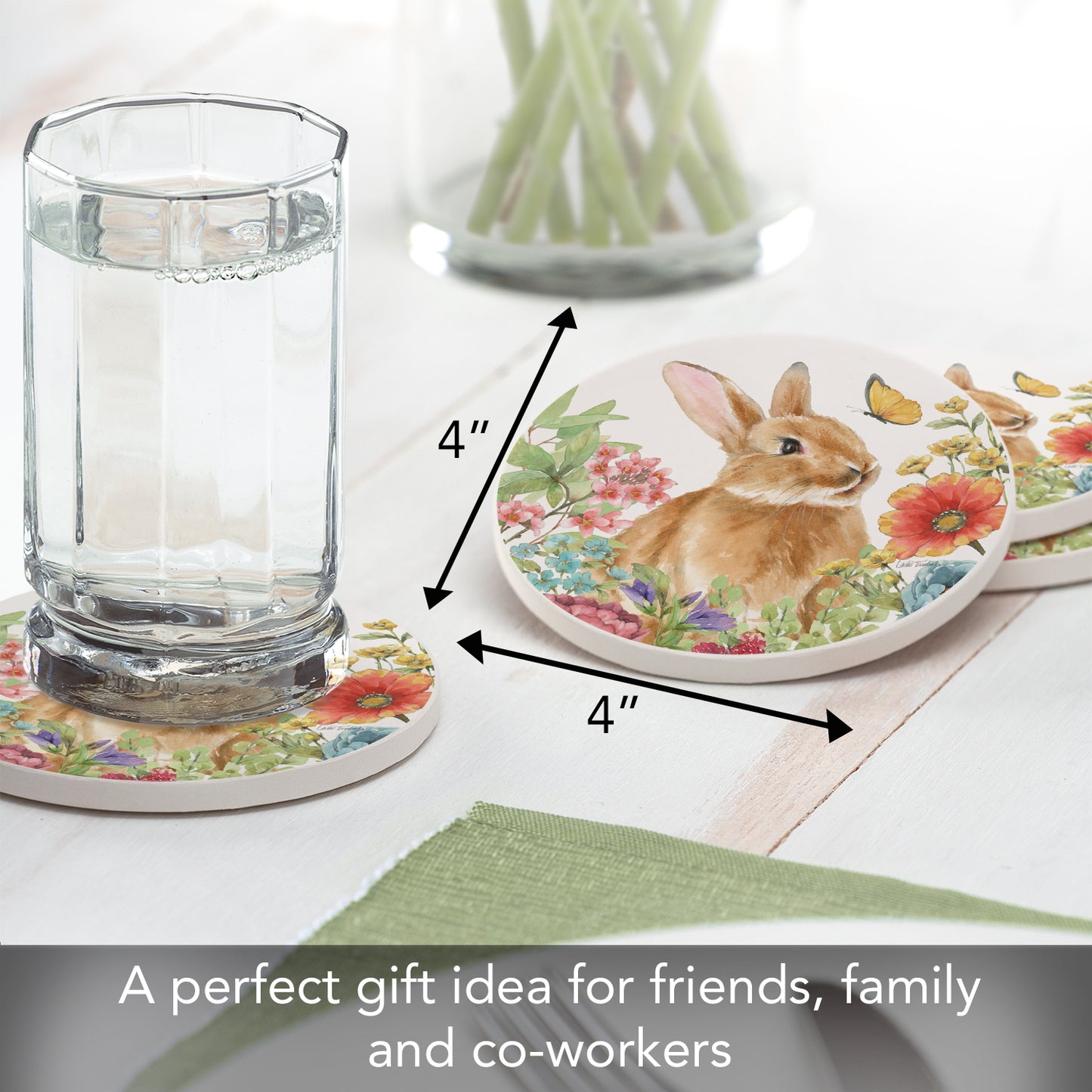 Thirstystone Bunny Garden 4 Pack Round Absorbent Stone Coasters 4" Diameter Manufactured in the USA