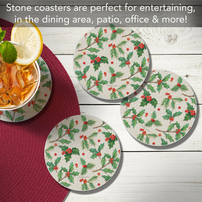 Thirstystone Happy Holly 4 Pack Round Absorbent Stone Coasters 4" Diameter