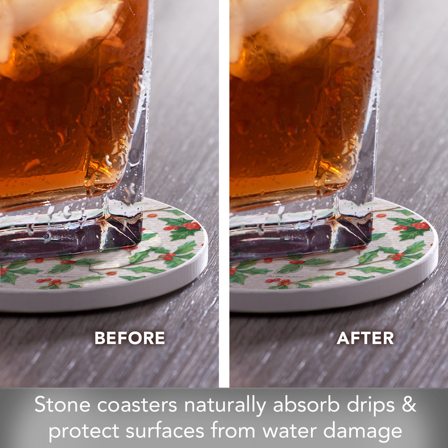 Thirstystone Happy Holly 4 Pack Round Absorbent Stone Coasters 4" Diameter