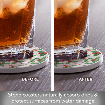Thirstystone Happy Holly 4 Pack Round Absorbent Stone Coasters 4" Diameter