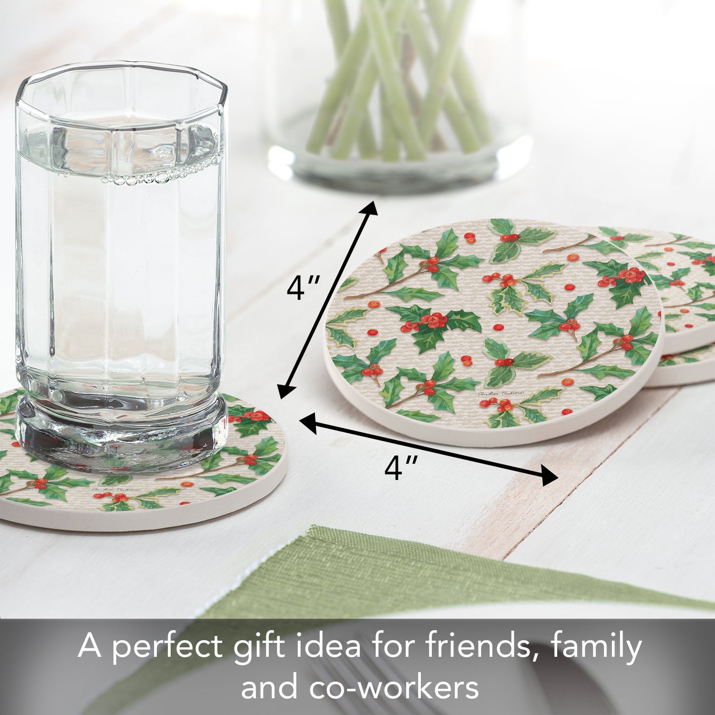 Thirstystone Happy Holly 4 Pack Round Absorbent Stone Coasters 4" Diameter