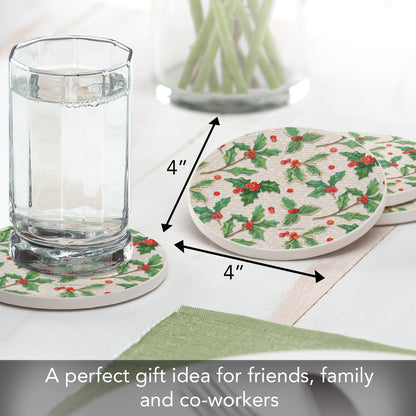 Thirstystone Happy Holly 4 Pack Round Absorbent Stone Coasters 4" Diameter