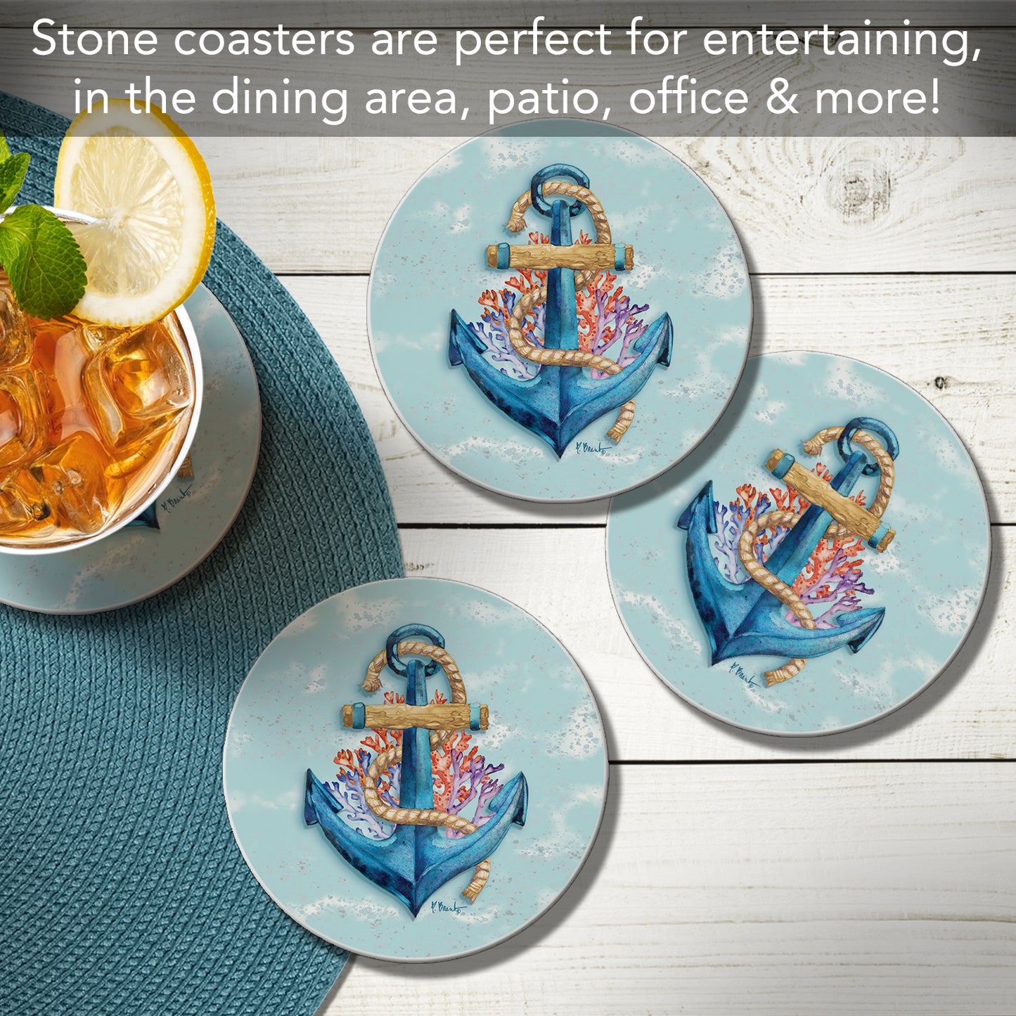 Thirstystone Submerged Anchor 4 Pack Round Absorbent Stone Coasters 4" Diameter Manufactured in the USA