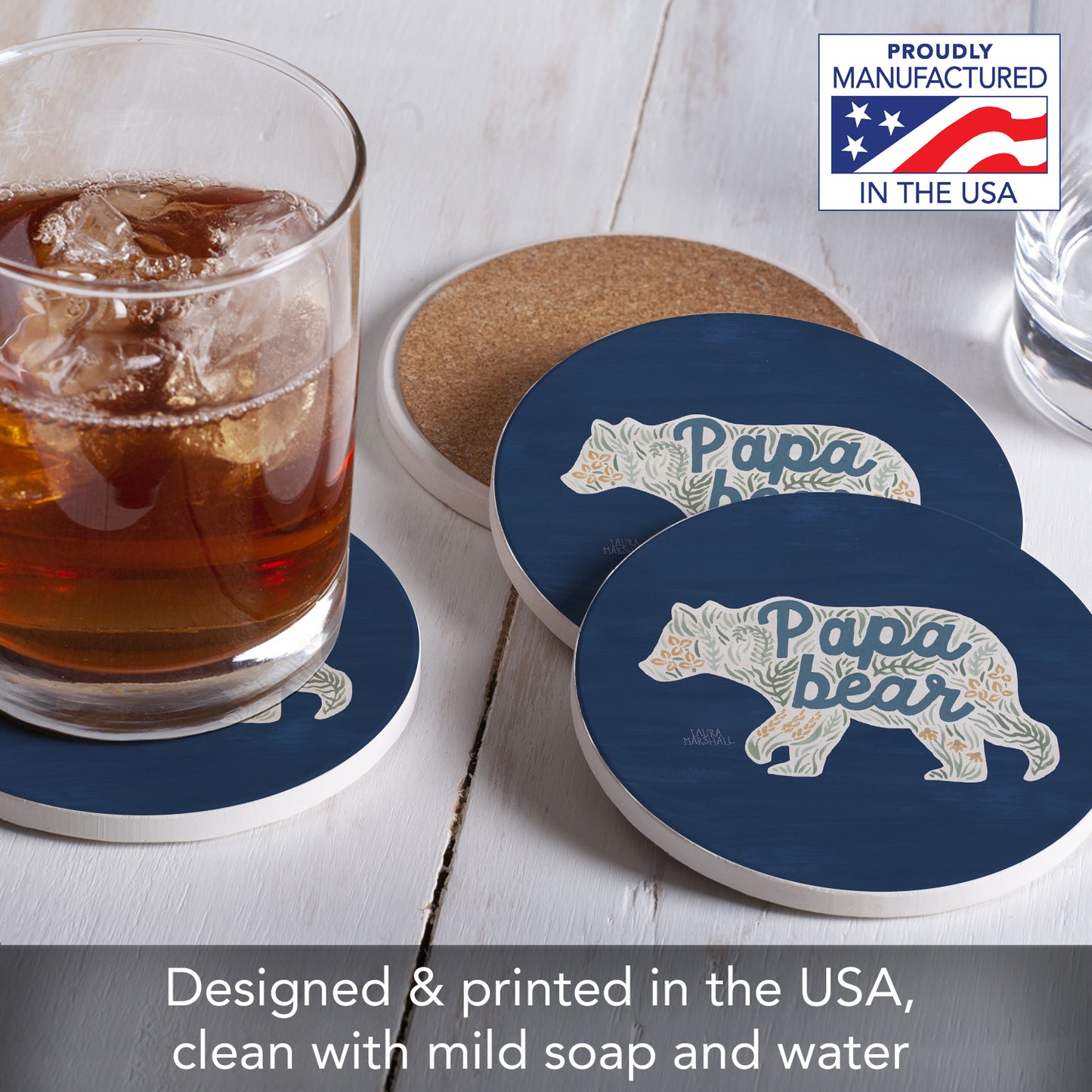 Thirstystone Papa Bear 4 Pack Round Absorbent Stone Coasters 4" Diameter Manufactured in the USA