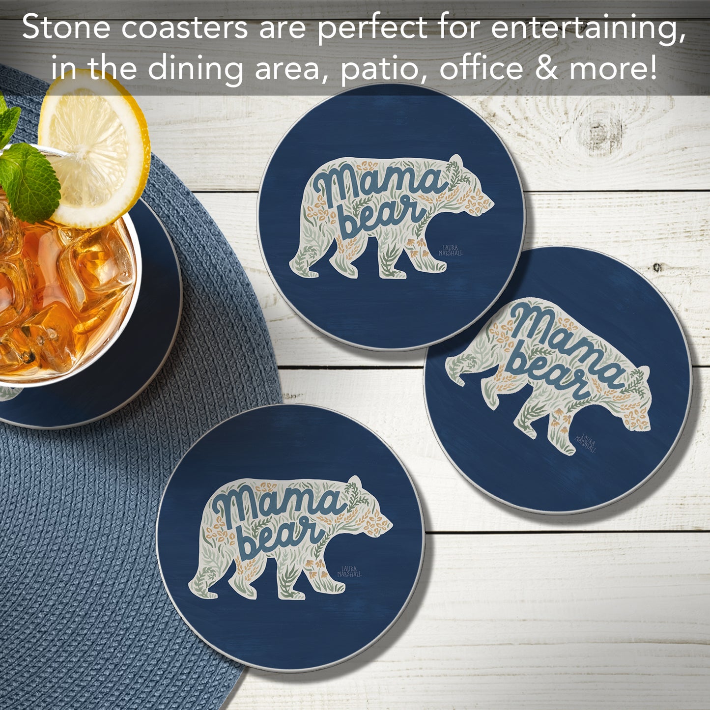 Thirstystone Mama Bear 4 Pack Round Absorbent Stone Coasters 4" Diameter