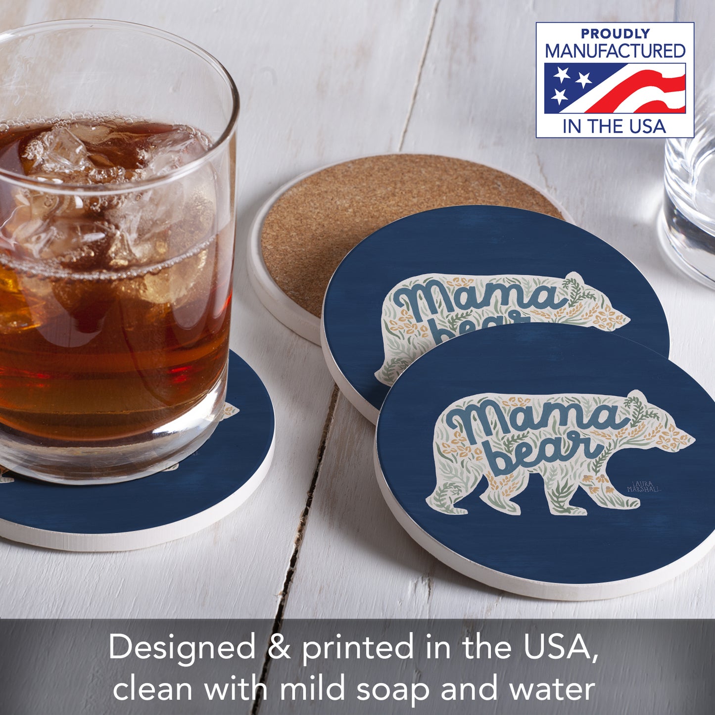 Thirstystone Mama Bear 4 Pack Round Absorbent Stone Coasters 4" Diameter