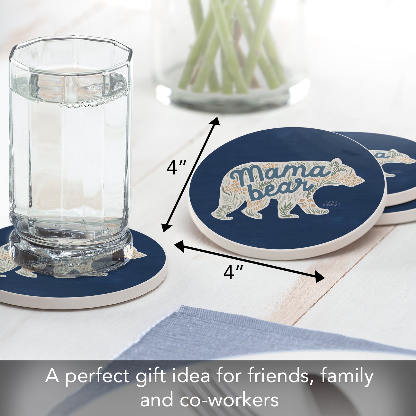 Thirstystone Mama Bear 4 Pack Round Absorbent Stone Coasters 4" Diameter