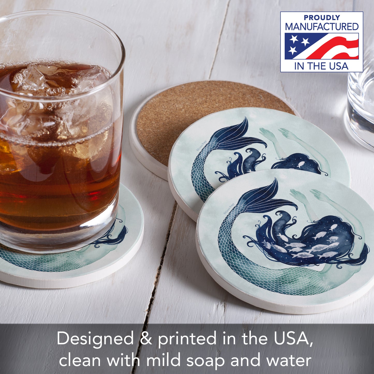 Thirstystone Mermaid Scales 4 Pack Round Absorbent Stone Coasters 4" Diameter Manufactured in the USA