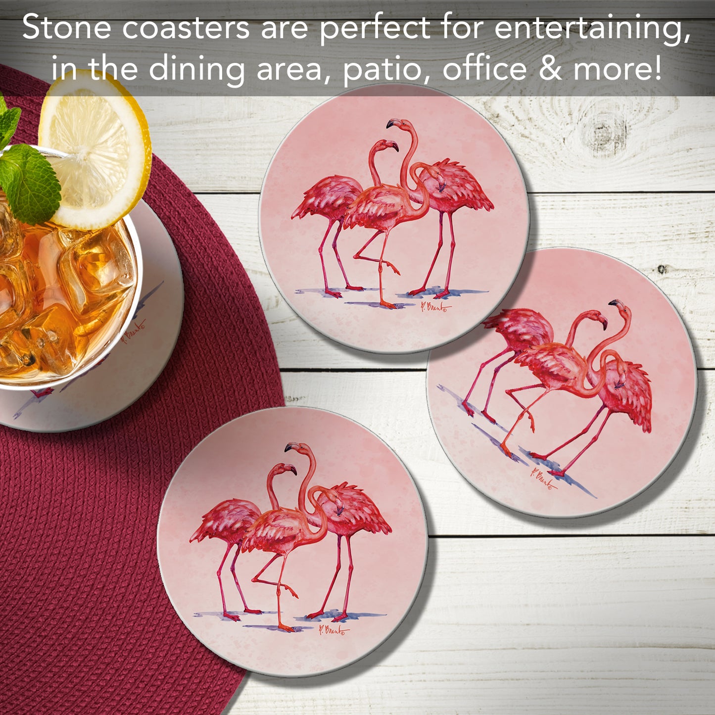 Thirstystone Flamngo Trio 4 Pack Round Absorbent Stone Coasters 4" Diameter Manufactured in the USA