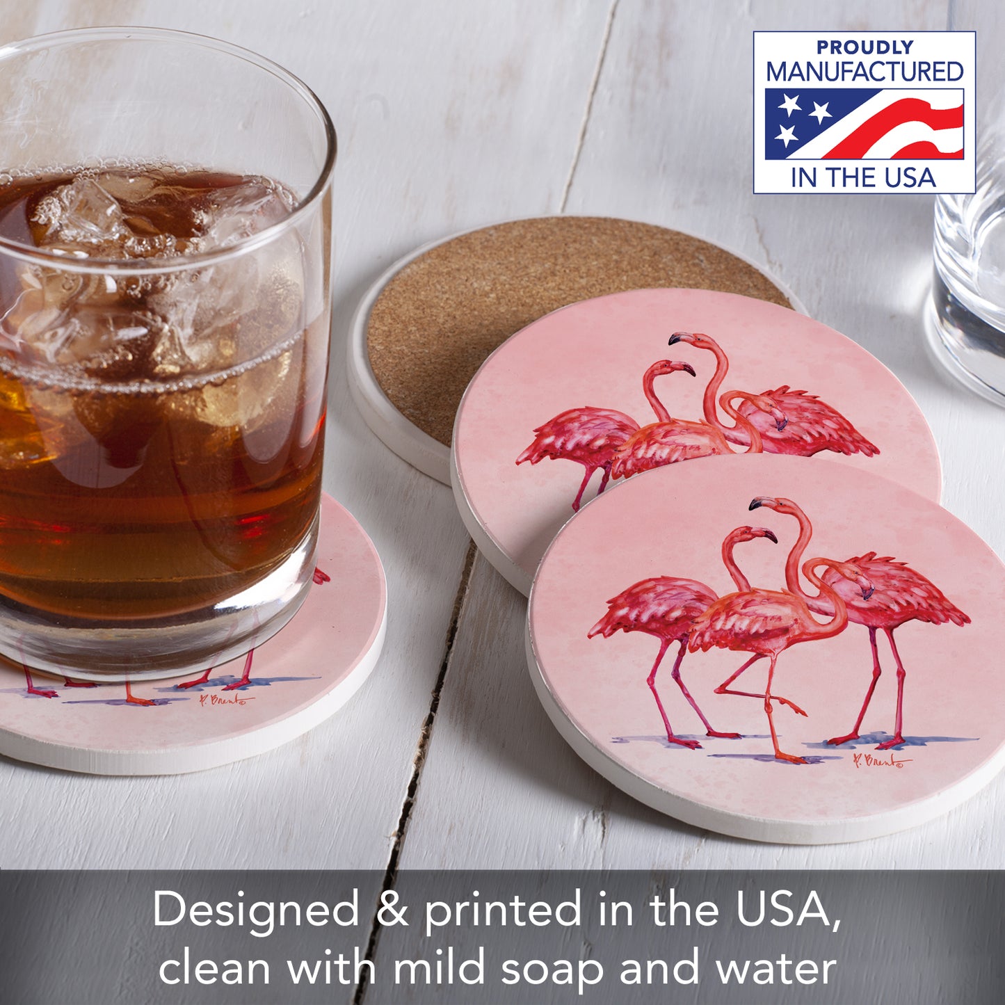 Thirstystone Flamngo Trio 4 Pack Round Absorbent Stone Coasters 4" Diameter Manufactured in the USA