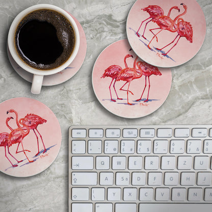 Thirstystone Flamngo Trio 4 Pack Round Absorbent Stone Coasters 4" Diameter Manufactured in the USA
