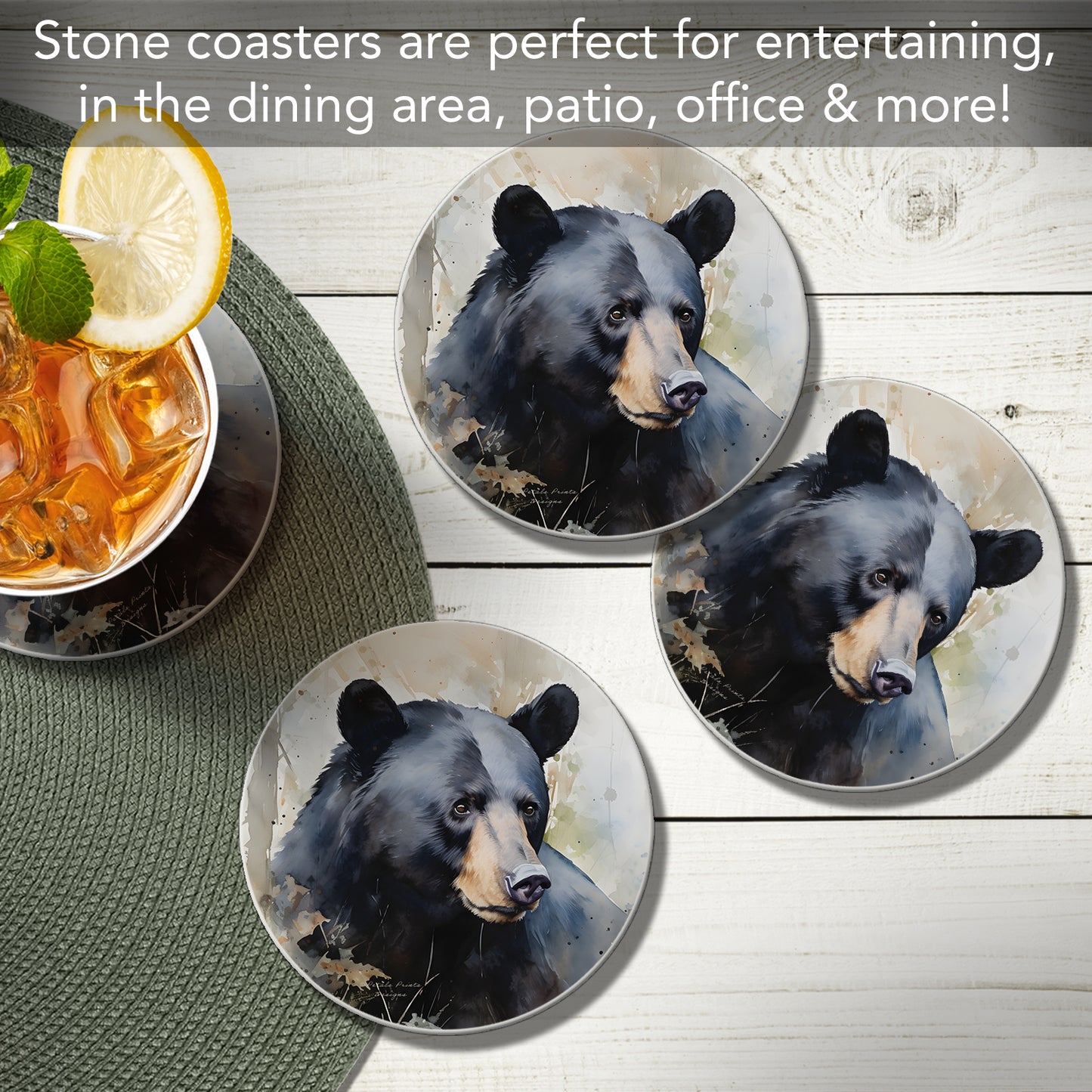 Thirstystone Wilderness Bear 4 Pack Round Absorbent Stone Coasters 4" Diameter Manufactured in the USA