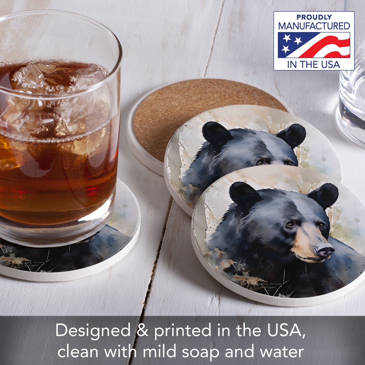 Thirstystone Wilderness Bear 4 Pack Round Absorbent Stone Coasters 4" Diameter Manufactured in the USA