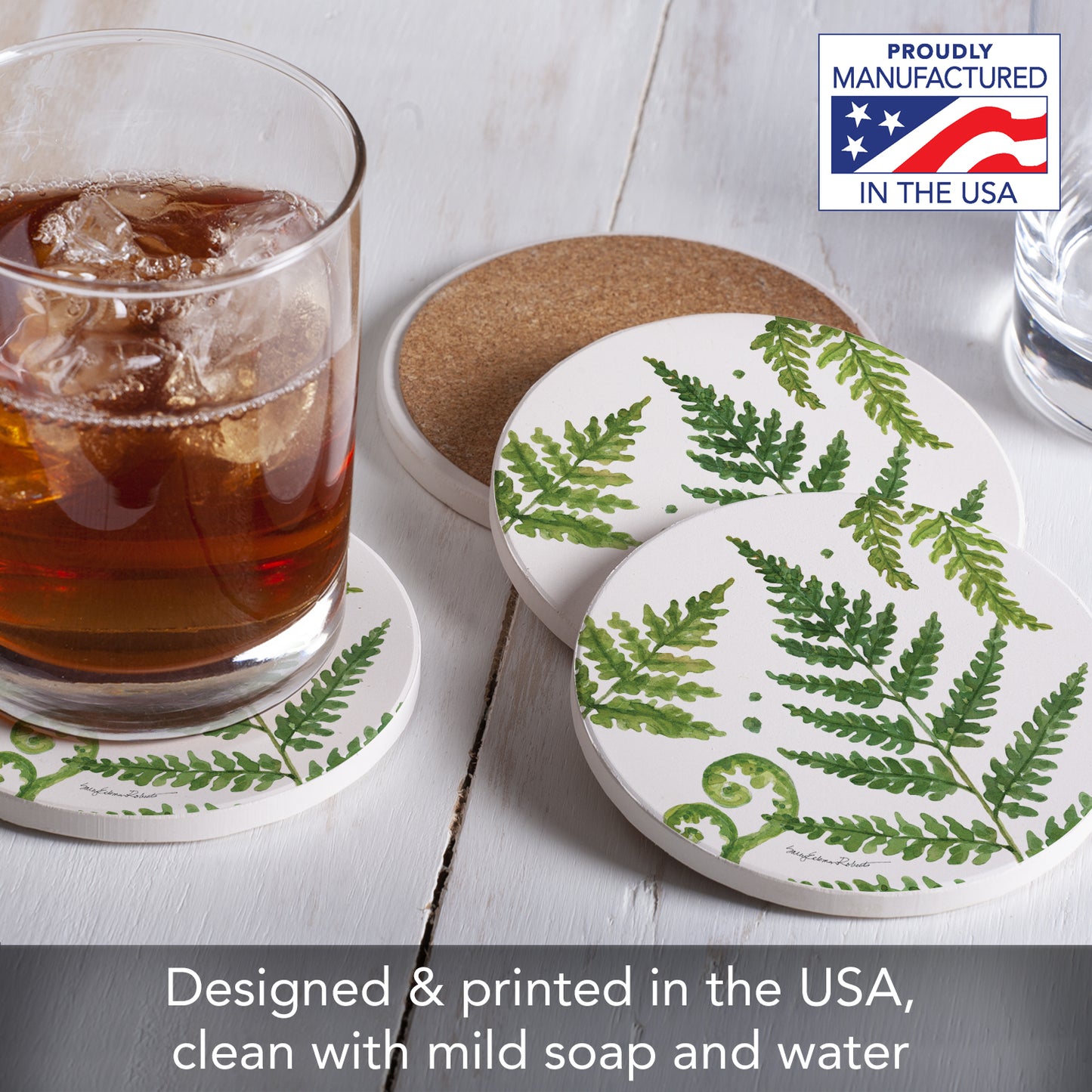 Thirstystone Ferns 4 Pack Round Absorbent Stone Coasters 4" Diameter Manufactured in the USA