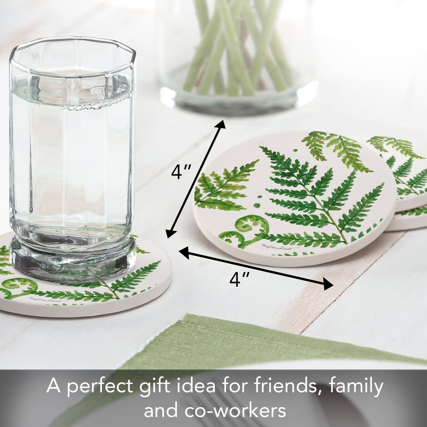 Thirstystone Ferns 4 Pack Round Absorbent Stone Coasters 4" Diameter Manufactured in the USA