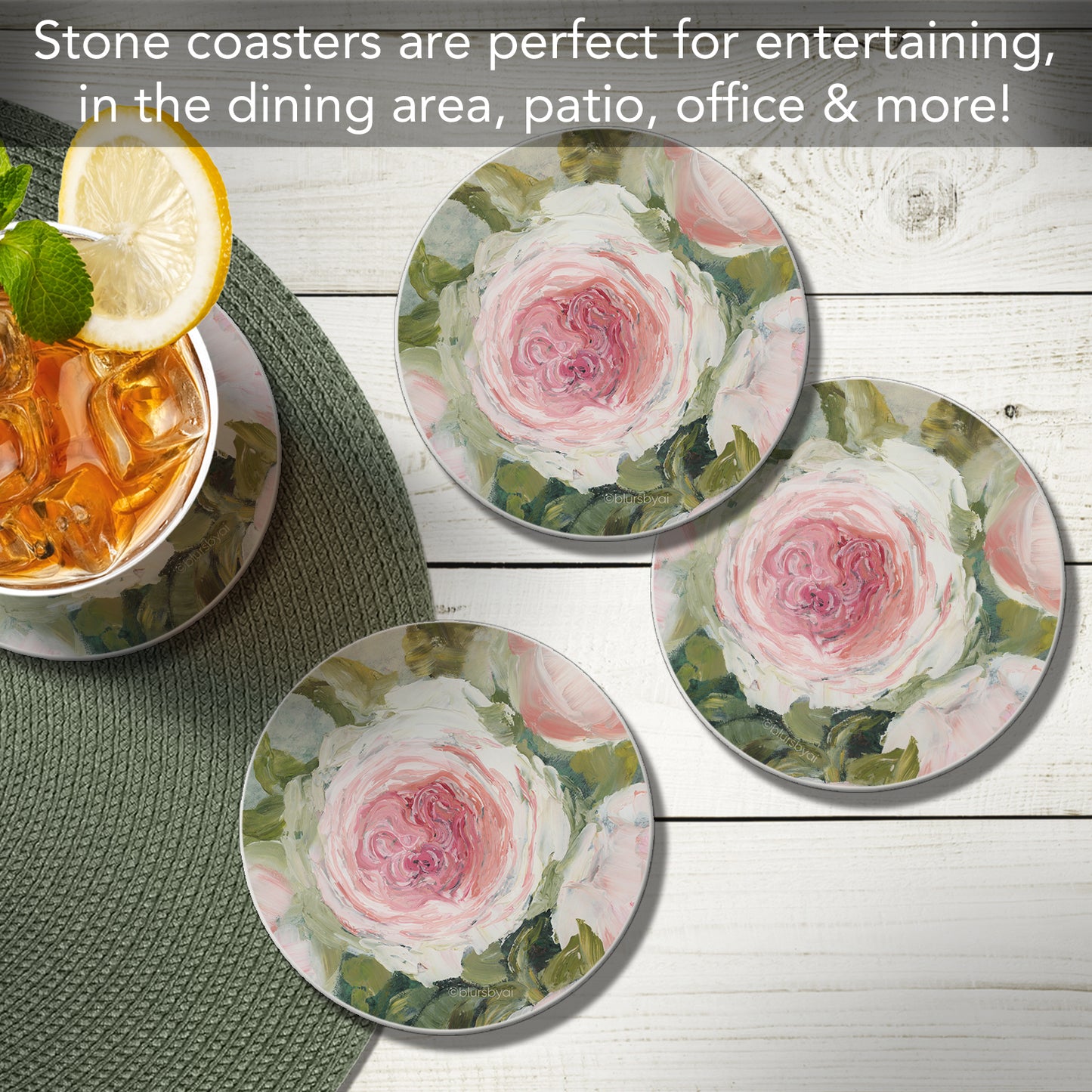 Thirstystone Aged Beauty Floral 4 Pack Absorbent Stone Coasters 4" Diameter Manufactured in the USA