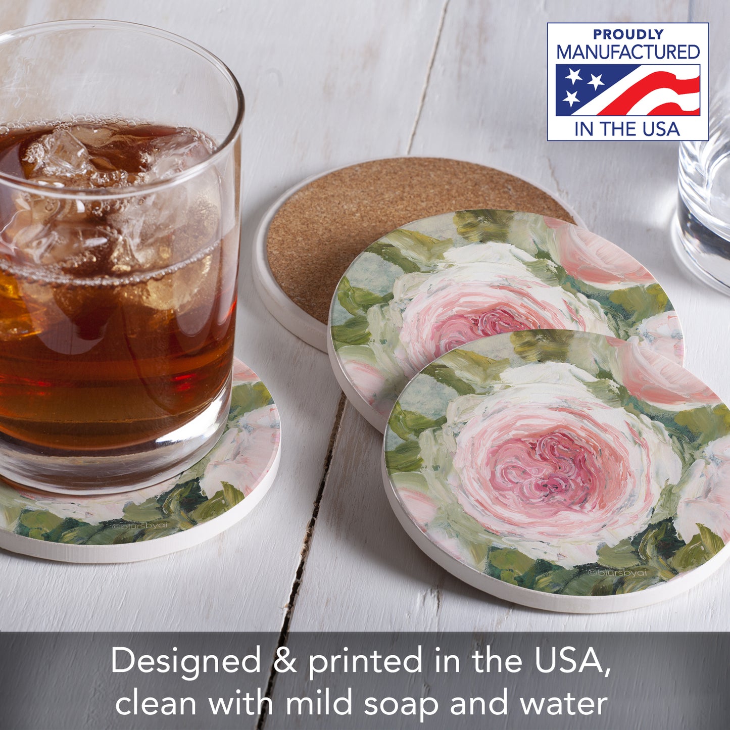 Thirstystone Aged Beauty Floral 4 Pack Absorbent Stone Coasters 4" Diameter Manufactured in the USA