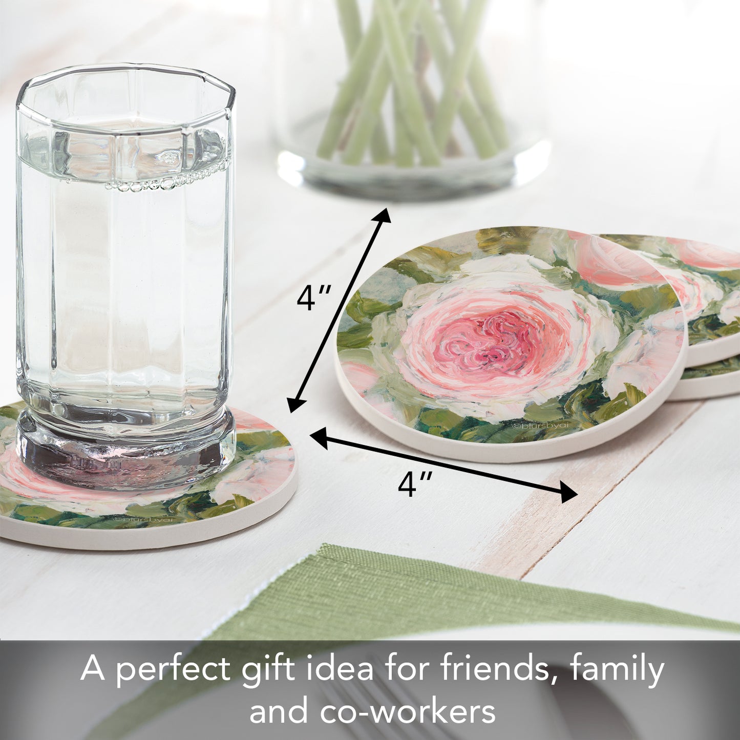 Thirstystone Aged Beauty Floral 4 Pack Absorbent Stone Coasters 4" Diameter Manufactured in the USA