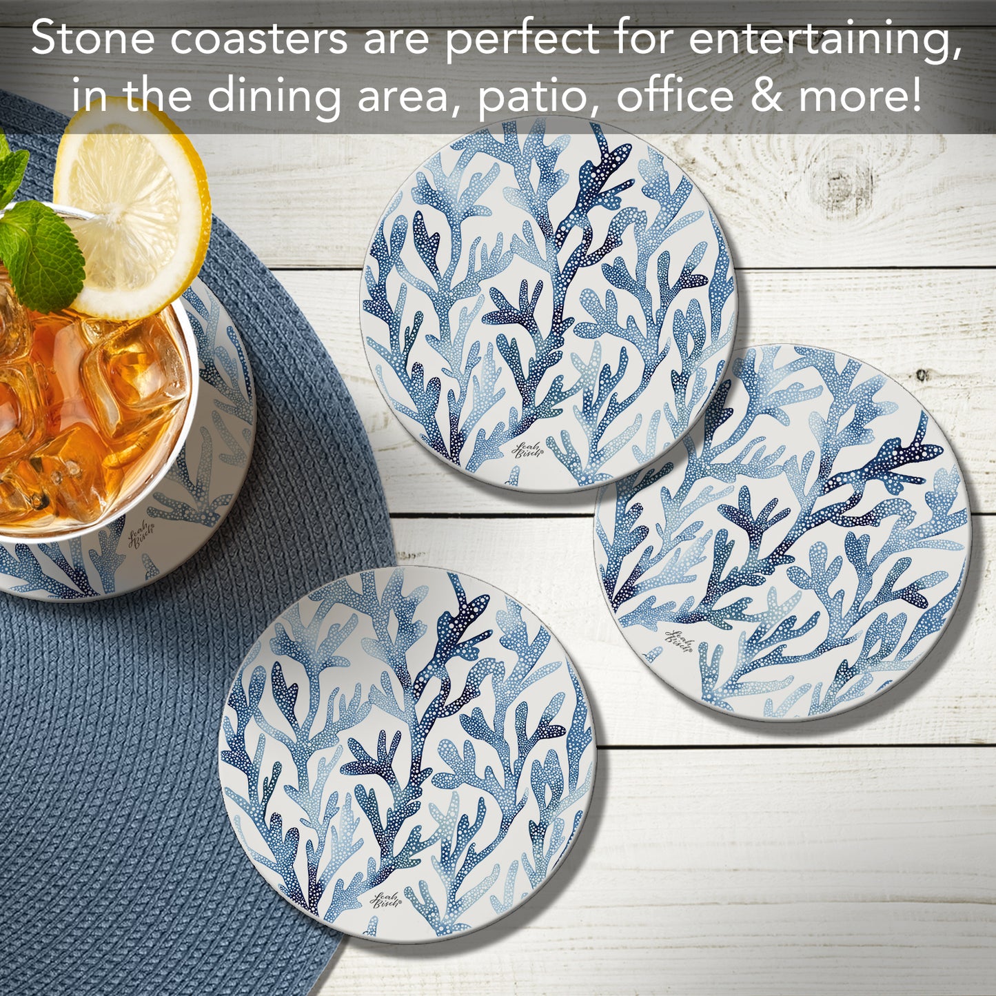 Thirstystone Ocean Coral 4 Pack Round Absorbent Stone Coasters 4" Diameter Manufactured in the USA