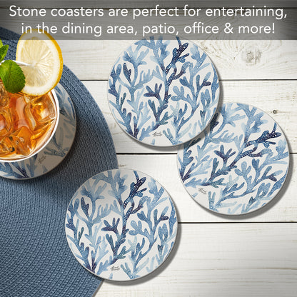 Thirstystone Ocean Coral 4 Pack Round Absorbent Stone Coasters 4" Diameter Manufactured in the USA