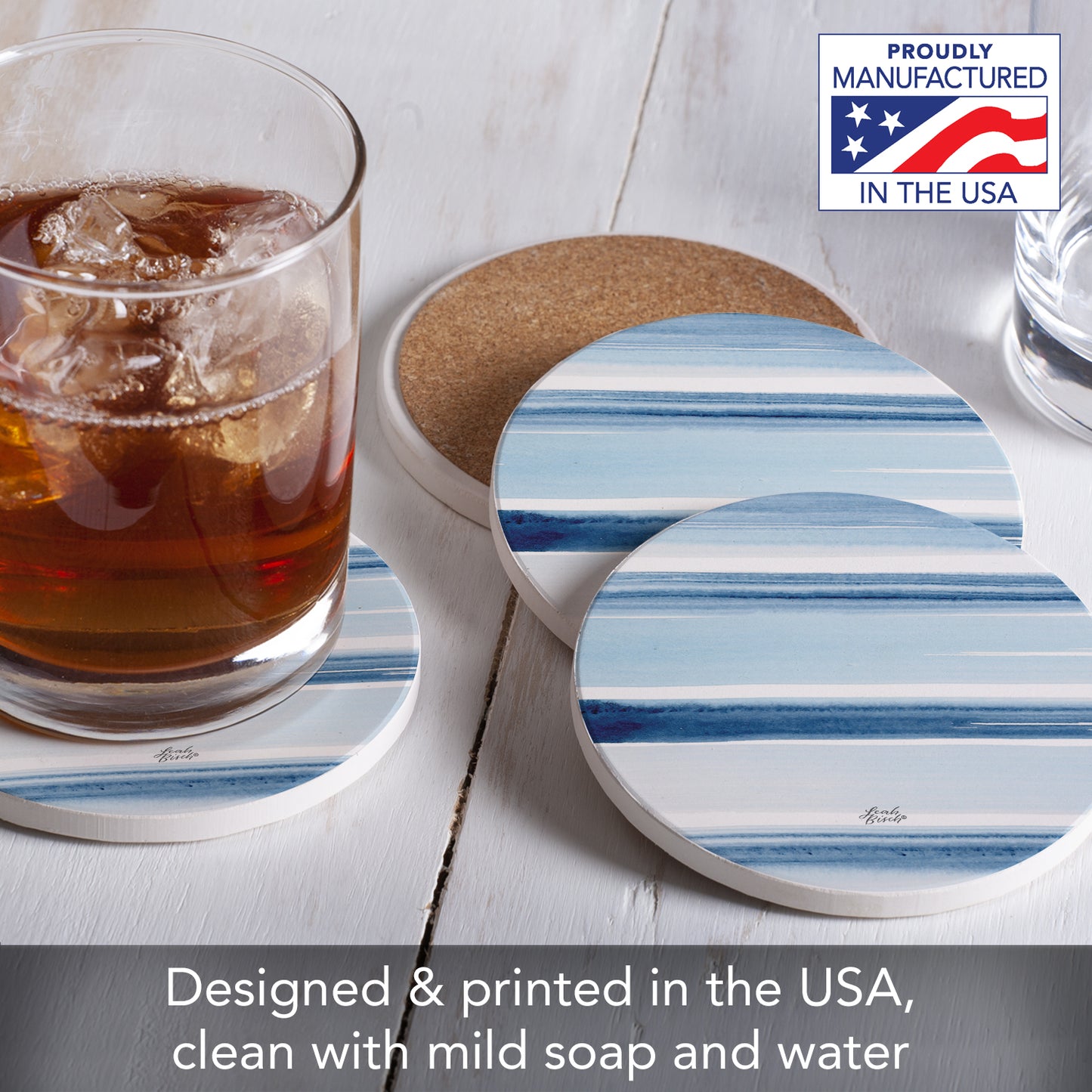 Thirstystone Ocean Tides 4 Pack Round Absorbent Stone Coasters 4" Diameter Manufactured in the USA